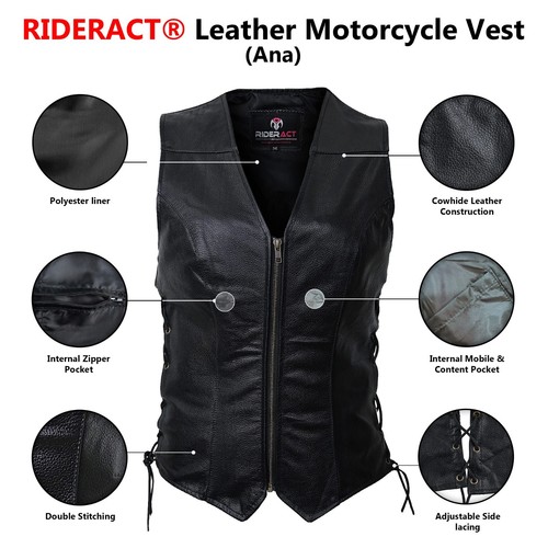 RIDERACT®Women Motorcycle Casual Adjustable Vest Anna Biker Vest Black Waistcost - Foto 9 di 10