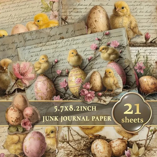Vintage Easter Chicken & Eggs 20 Scrap Papiere Ostern KüKen & Eier A5 + Sticker-image