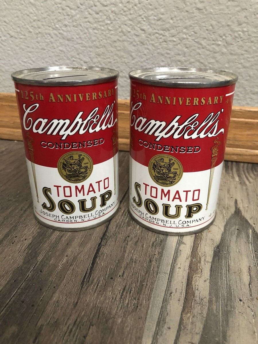 2 Vintage Campbell's Tomato Soup Can Metal Bank 125th Anniversary