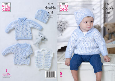Baby Double Knitting Pattern Round or Roll Neck Jumper Gilet Hat