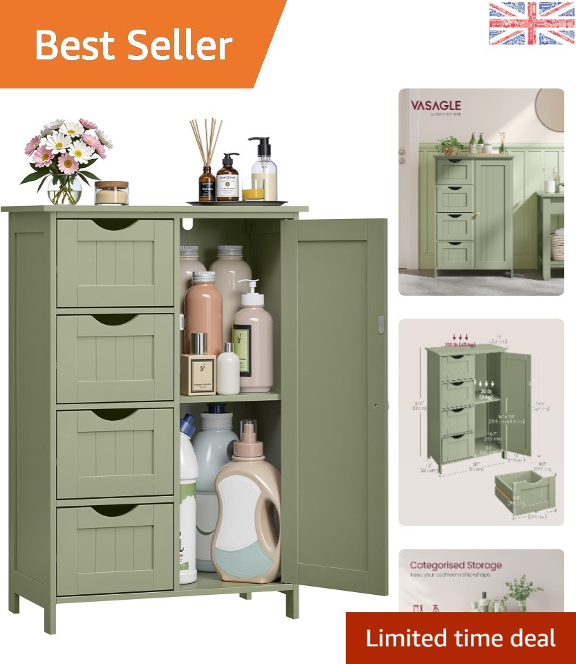 Freestanding Bathroom Cabinet in Shaker Style - 4 Drawers & Adjustable Shelf