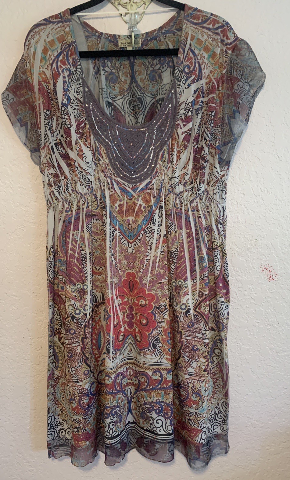 One World Live & Let Live Dress Crochet Sequins neckline Cap Sleeves Size Large