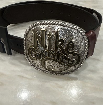Nike Country Belt Men's Plaque Buckle Embossed Brown Leather Belt Size S (30-32)