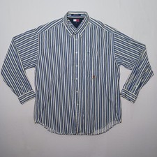 Vintage Tommy Hilfiger Mens Bold Verticle Striped Button Down Shirt XL Blue