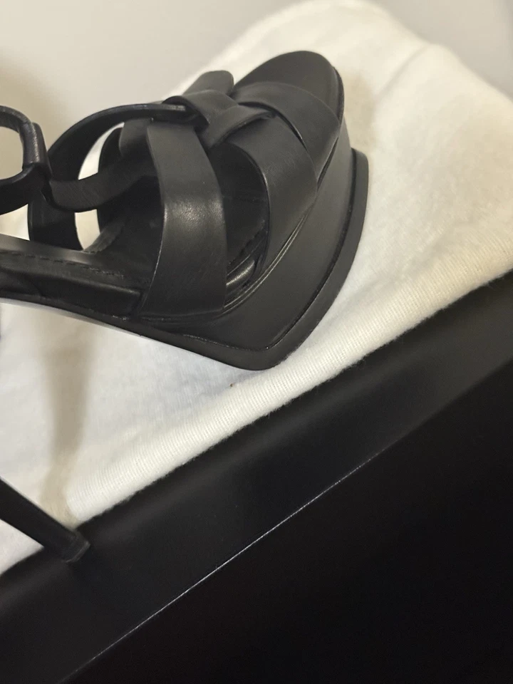 YVES SAINT LAURENT Sandalias de plataforma de aguja de cuero tacón alto negras 37 7 Foto 4 de 4