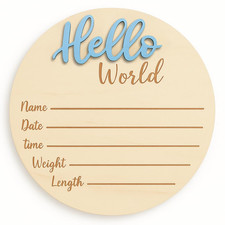 Baby Announcement Sign – 6” Wooden Hello World Newborn Name Sign, Hospital Birth