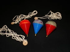 3 Vintage Toy Spinning Tops , Beau Brummell Ties Spinning Top wt strings