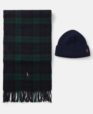 Polo Ralph Lauren Urlaub Tartan Marine Mix 100 % Schal Beanie Geschenkset Neu im Karton