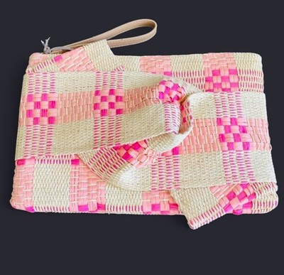 A New Day Natural Straw Pink Plaid ZipPouch Clutch Purse
