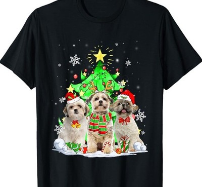 Santa Shih Tzu Dog Christmas Tree Lights T-Shirt black All sizes C70.9