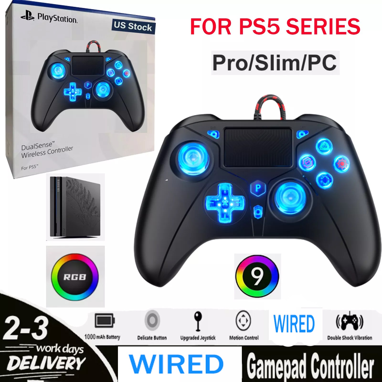 Wired Dualsense Controller for PS4 PS5 Pro Slim & PC Gaming
