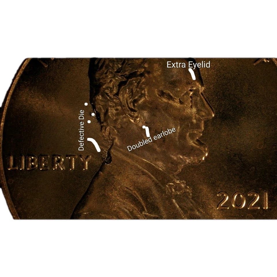 2021-P Lincoln Shield . Errors: Defective Die , Doubled Earlobe, Etra Earlobe. - Image 4 of 4