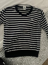 Lacoste Women  s V-Neck Pullover Knit Sweater Striped Black/White Cotton 4