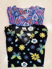 Lot of 2 Medical Scrubs Tops, Women's Size Medium Hearts/Flowers Landau Cotton