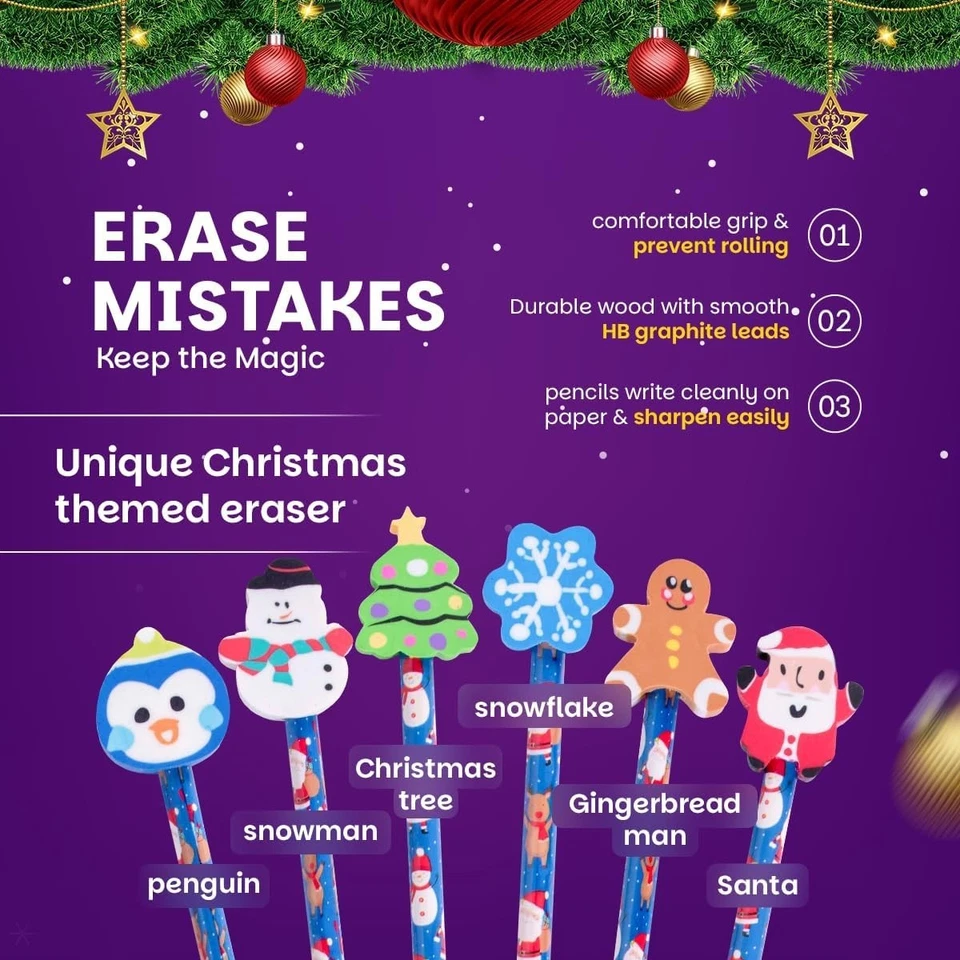 Christmas Pencils with Cute Eraser Toppers –Kids Xmas Party Bag Fillers Stocking - Image 3 of 4