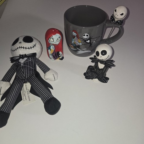 Nightmare Before Christmas Jack Sally Mug Stirrer Salt Pepper Shaker Doll Lot