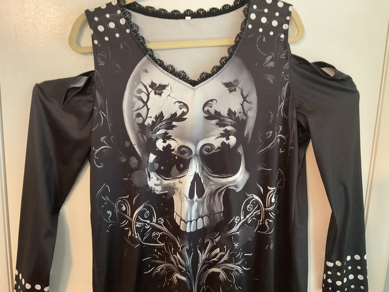 Goth Black Cold Shoulder Skeleton V-Neck Dress Top Sz XL