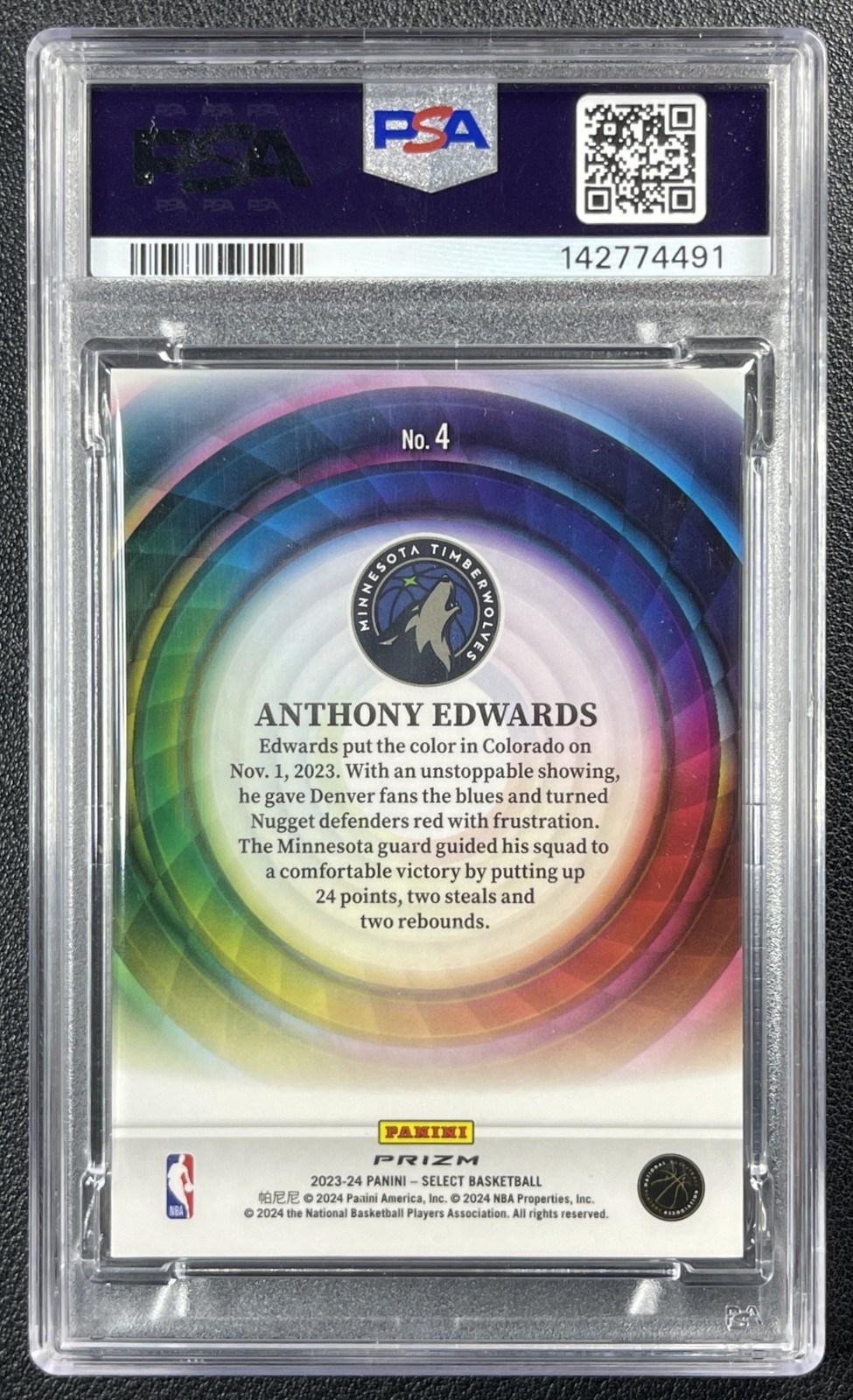 ANTHONY EDWARDS PSA 10 2023-24 PANINI SELECT #4 COLOR WHEEL PRIZM SP 4491 view 2