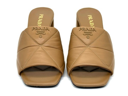 PRADA Logo Padded Diagram Quilted Mules Slides Sandals Heels Shoes Caramel $1120 - Picture 10 of 19