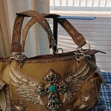 Cowgirl Trendy Shoulder Bag Brown Western Cross Stud Turquoise Embroidery