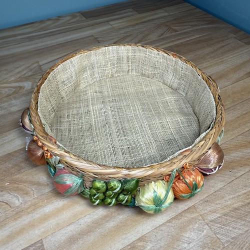 VTG Woven Raffia Fruits Vegetables Embroidery Basket Lined 3”x8.5” Philippines - Picture 3 of 10