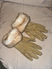 Women  s Tan Faux Suede Gloves S-M Faux Fur Cuffs Winter Dressy Warm Soft Lined