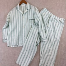 Vintage Mens Striped Pajama Set Green White Button Down Loungewear Sleepwear