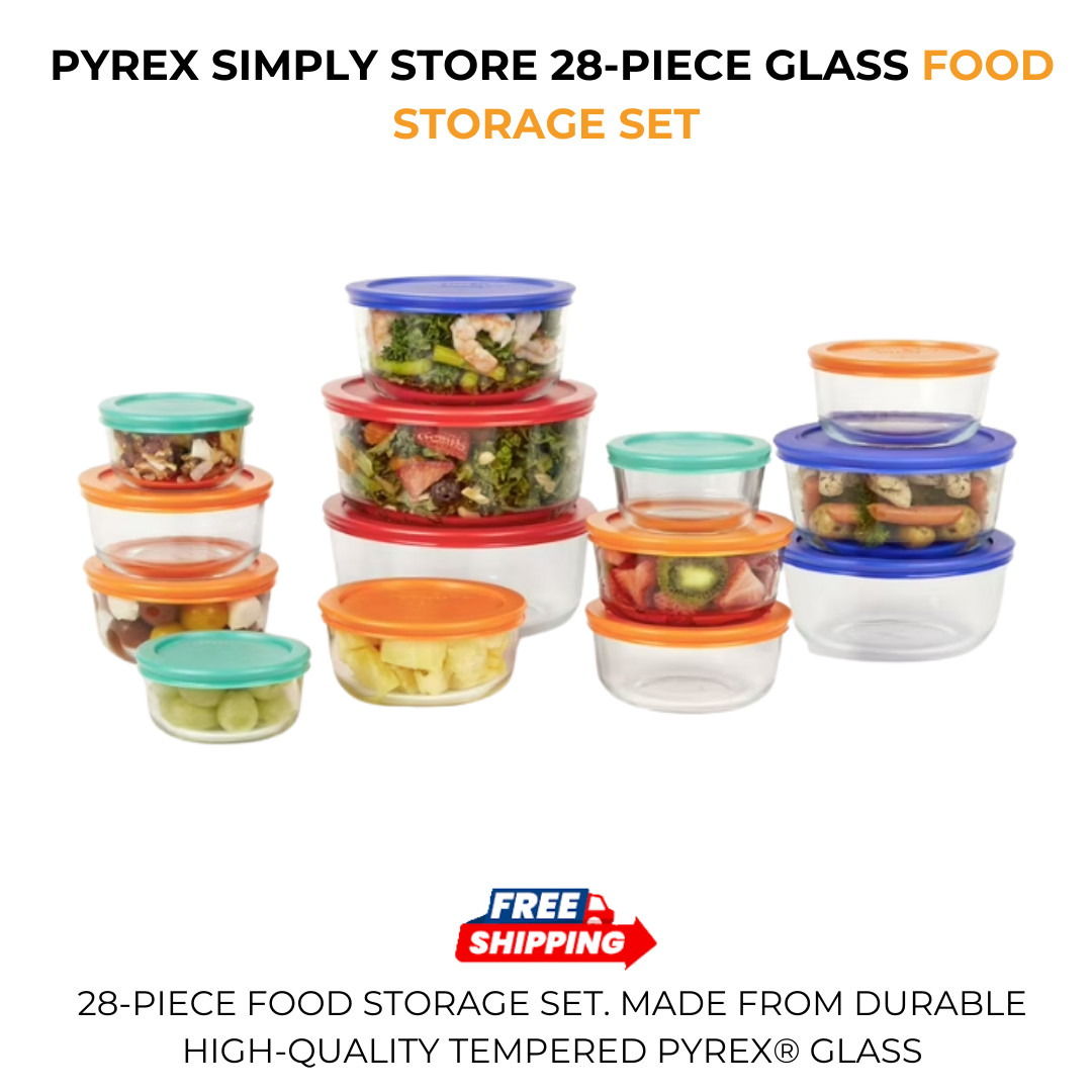 Pyrex Simply Store 28-Piece Glass Food Storage Set Durable Leak Proof Lids
