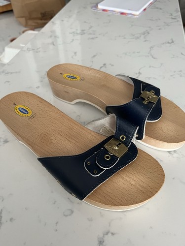 Dr Scholls Wooden Wedge Sandals Navy Blue Leather Gold Buckle Women 8 Italy
