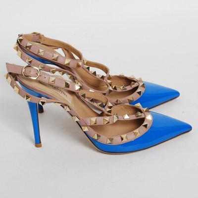 Valentino Women Blue Sandals Leather Studded Strappy High Heel