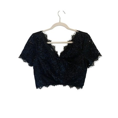 Bebe Women Navy Black Lace Surplice Crop Top Eyelash Trim Size M