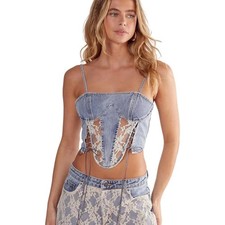 NWT Nasty Gal Lace Detail Denim Corset Top Lace Up Blue Size 12