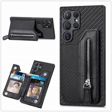 Men's Zipper Leather Card Holder Wallet Kickstand Back Case For iPhone/Samsung