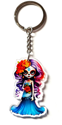 Day of the Dead Gothic Blue Girl Sugar Skull Acrylic Keychain Dia de los Muertos