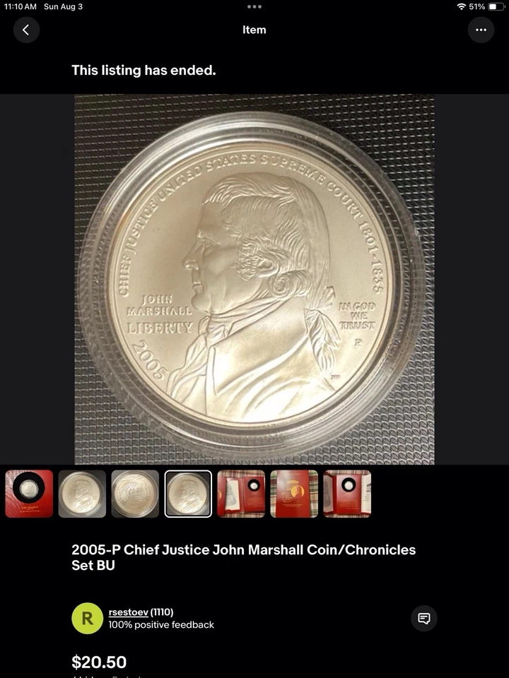 2005-P $1 Silver Dollar John Marshal Chief Justice - Uncirculated- COA #0058  - Image 2 of 4