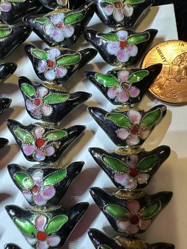 Pair of Vintage Chinese Cloisonne Enamel Beads Lantern Shape Flowers 21mm x 11mm - Picture 13 of 54