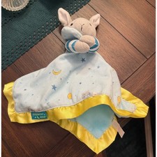 Goodnight Moon Bunny Lovey Security Blanket Blue Stars Yellow Satin Trim Plush