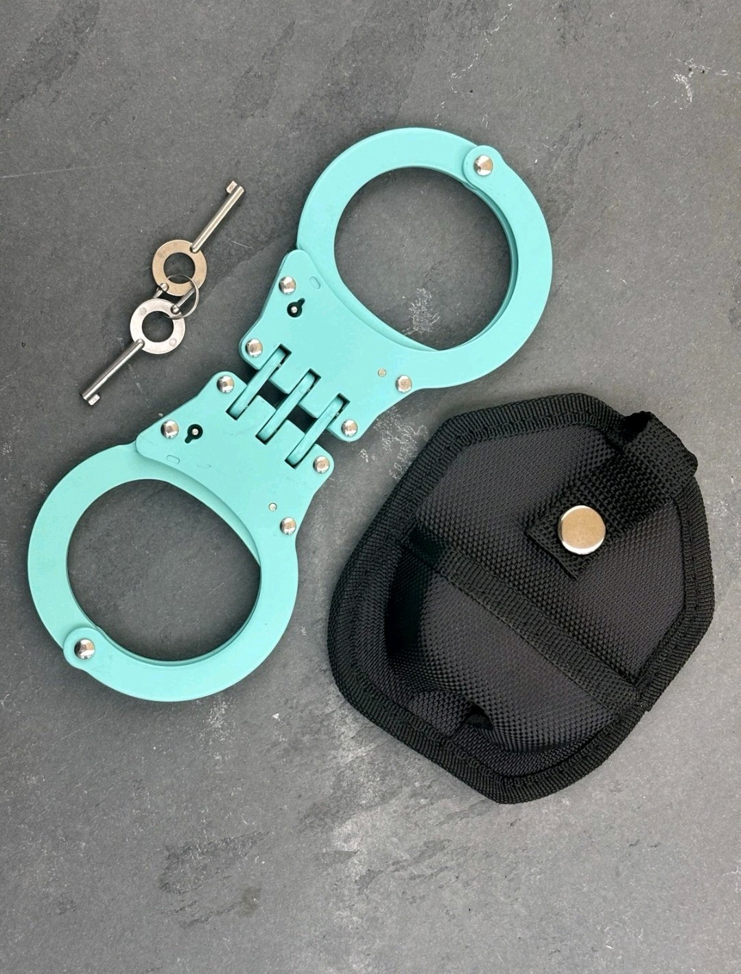 Teal Blue Double Locking Hinge Steel Handcuffs Police Grade Standard Size