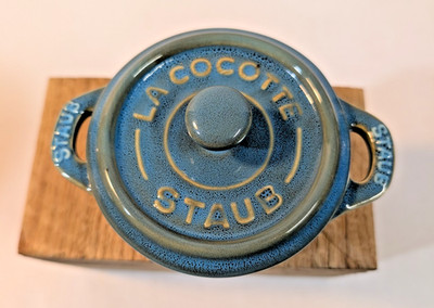 Vintage Staub Ceramic Mini Round Cocotte Blue Green Glaze