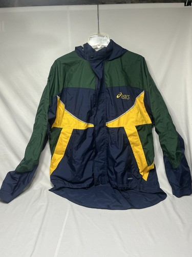Vintage ASICS Windbreaker Jacket Mens Lg Blue Yellow Full Zip Sorts Colorblock