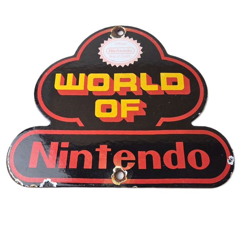 A porcelain enamel gas-pump-style Nintendo sign — one-of-a-kind vintage wall art that turns a bedroom into a shrine to gaming culture.