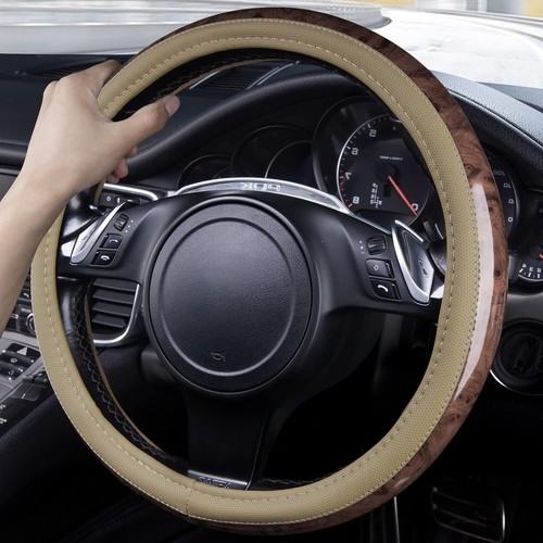 14 1/2-15 inch CAR PASS Wood Grain Microfiber Leather Steering Wheel Cover,Beige - Bild 3 von 7