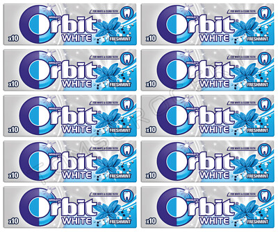 10 x WRIGLEY'S ORBIT WHITE FRESHMINT Flavor Sugarfree Chewing Gum 14g 0.49oz