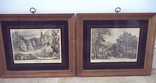 VTG Currier & Ives Framed Lithograph Prints "A Clearing" & "Oaken Bucket" 14x17