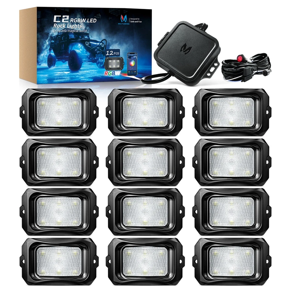 MICTUNING C2 Curved RGBW LED Rock Lights -12 Pods Underglow Multicolor Neon Lamp