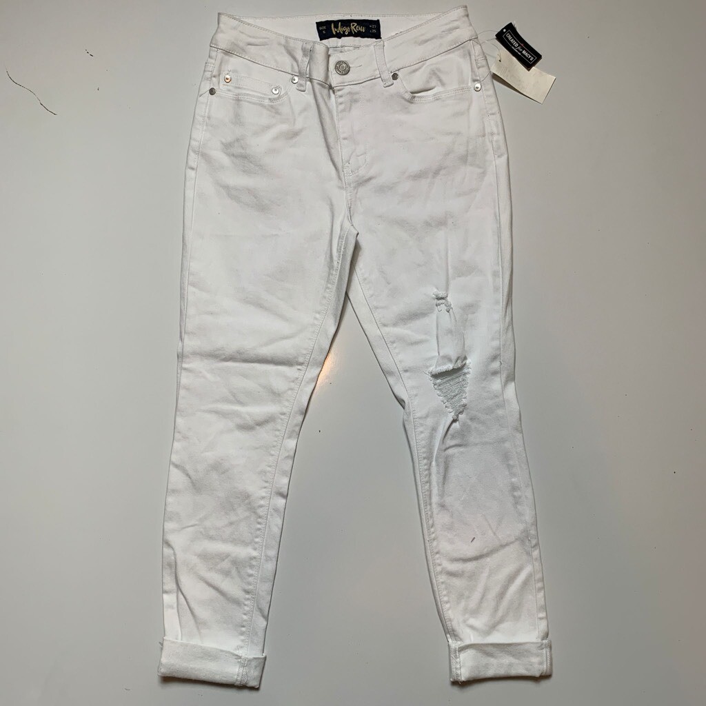Indigo Rein Womens Cropped Jeans White Distressed Pockets Denim