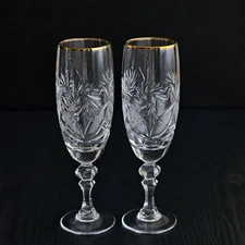 6¾ oz Hand Made Vintage Crystal Champagne Glasses Gold Rim, Set of 2, NEMAN