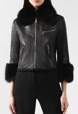 Dolce & Gabbana Jacket Black Leather Racoon Fur Coat Blazer Leopard 42it Uk10 M