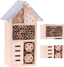 Natural Wooden Insect Bee House Bug Hotel Shelter Garden Easy to Hang Metal Roof