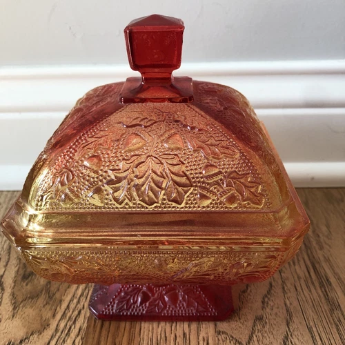 Vintage Jeanette Amberina Candy Dish Carnival Glass Acorn Oak Pattern Red Orange